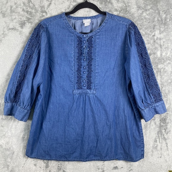 Chico's Tops - Chicos Embroidered Denim Top Womens 3 / XL Blue 3/4 Balloon Sleeve Boho Popover